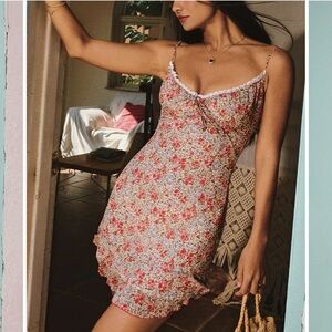 Commense Floral Mini Dress XS Lace Trim Smocked Back NWT Ruffle Hem